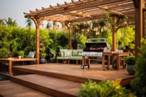 luxury wooden teak deck with BBQ grill and decor furniture. Side view of a wooden pergola in green garden with a sun flares in the background. pergolas and decking