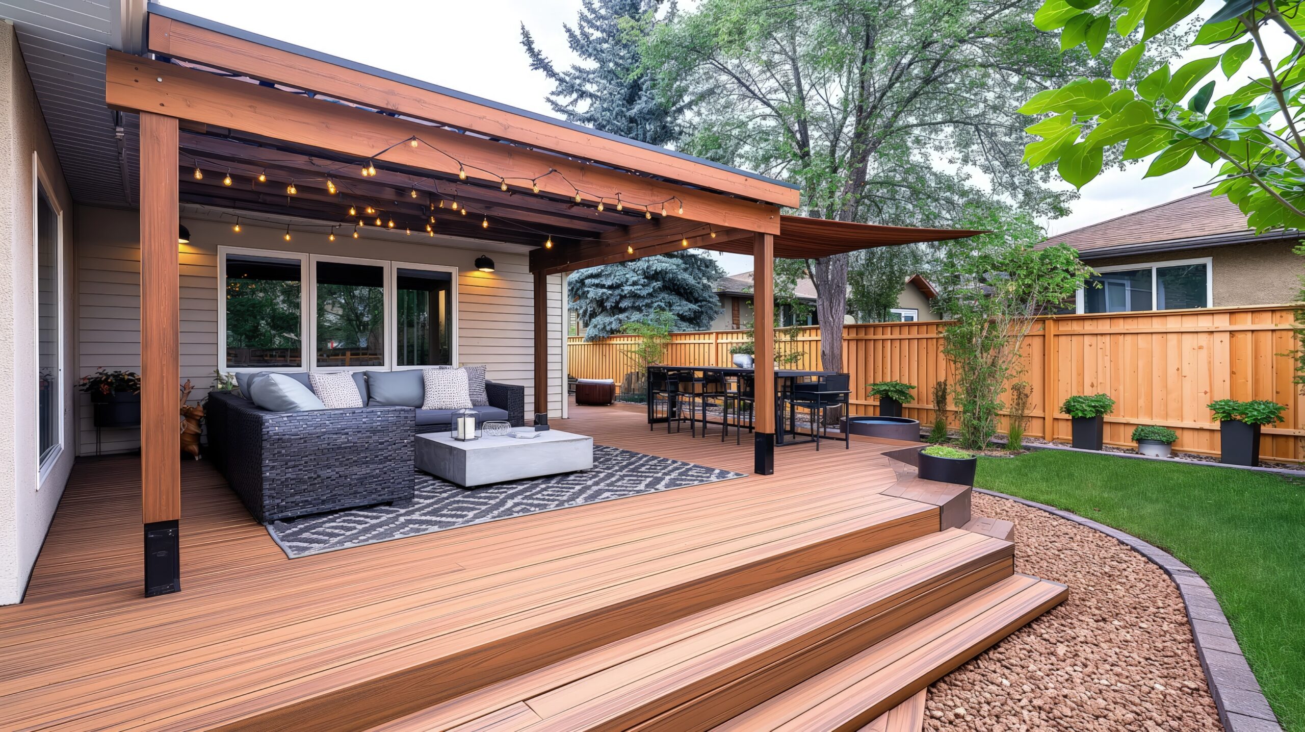A neatly staged outdoor deck renovation with fresh staining and modern outdoor furniture under a newly installed pergola. landscaping in Mobile AL