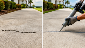 Before-and-after concrete driveway crack filling with gray self-leveling sealant in Mobile, Alabama